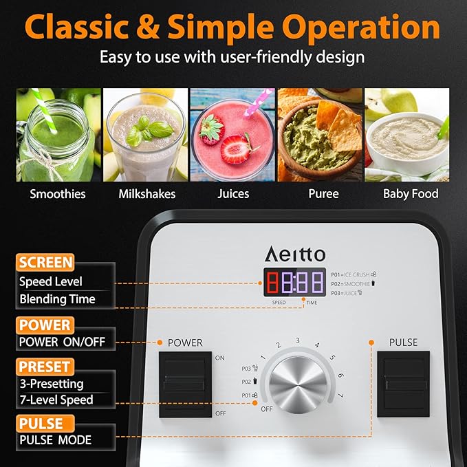 Aeitto Blender with 1500-Watt Motor 68 Oz Large Capacity Blenders for Kitchen Professional Countertop Blenders for Ice Crush Frozen Drinks Silver