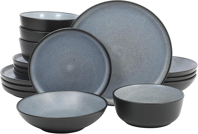 Gibson Elite Tribeca Loft 16-Piece Dinnerware Set – Matte Black and Blue Reactive Glaze Stoneware Double Bowl Round Plates and Bowls – Modern Rustic Dinnerware for 4 Dishwasher &amp Microwave Safe