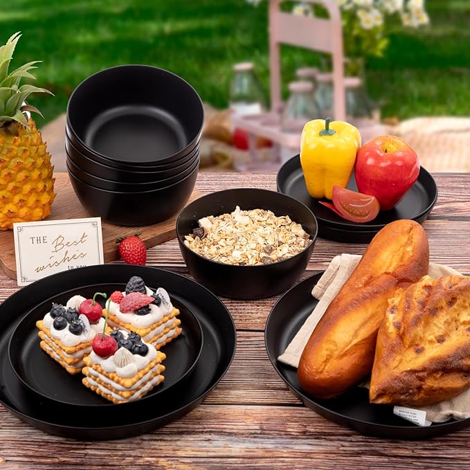 EI 12pcs Wheat Straw Dinnerware Set of 4Plates and Bowls SetsPlastic Plate Reuasble UnbreakableHeavy Duty Plastic Plates for CampingPicnincFamily Dinner