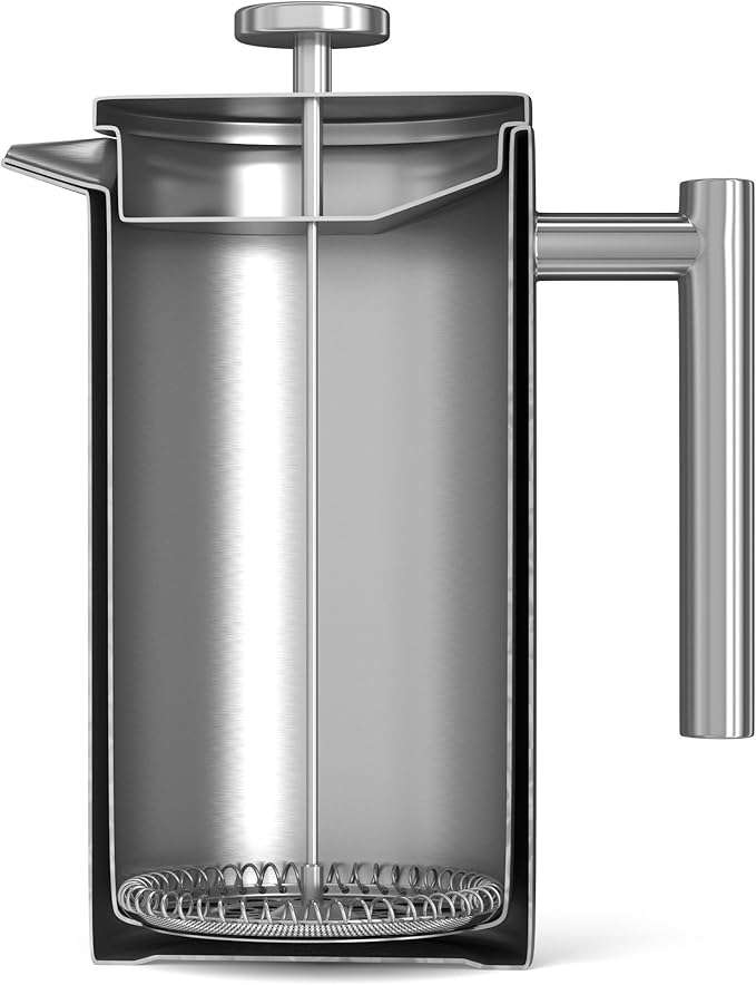 Coffee Gator 304 Grade Stainless Steel French Press Coffee Maker 34 oz Double Wall Insulated Hot Cold Brew Teapot with 4-Level Filtration System Include Travel Jar Canister Rust-Free Kitchen Gray