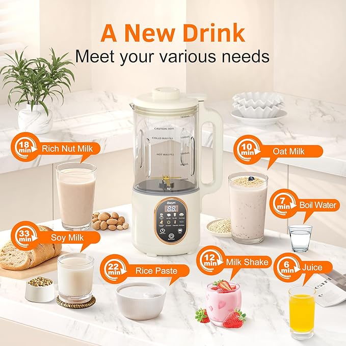 Beyn 10-in-1 Automatic Nut Milk Maker Machine 60oz Large Capacity with 𝟒𝟖 𝐓𝐢𝐭𝐚𝐧𝐢𝐮𝐦 Blades &amp Self-Cleaning. for Homemade Almond Soy Oat Milk Milkshake (Cream)