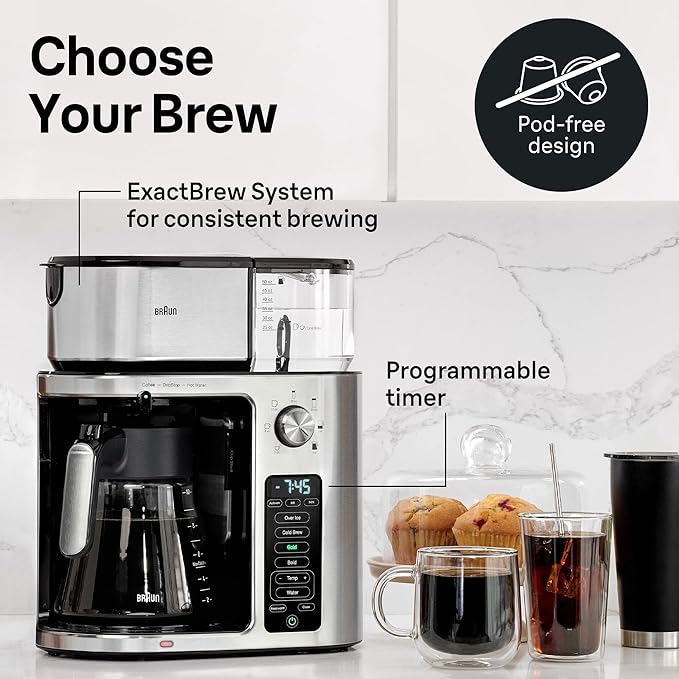 Braun MultiServe Plus 10-Cup Drip Coffee Maker - Hot &amp Cold Multi-Serve Brewer with Timer and Auto Start Hot Water Dispenser Over Ice Function Stainless Steel &amp Pod-Free Design KF9370SI