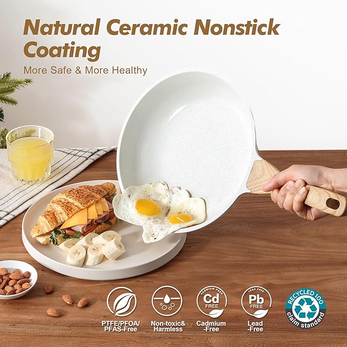 SENSARTE Nonstick Frying Pan Skillets White Ceramic Coating Omelette Pans Healthy Cookware Chef's Pan PTFE &amp PFAS Free (8+9.5+11 Inch)
