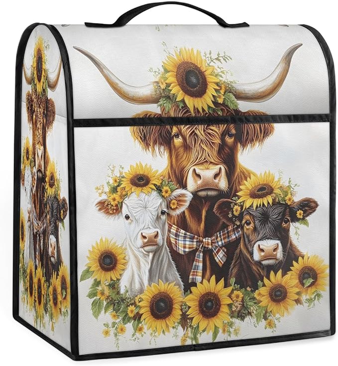 Kitchen Aid Mixer Cover Sunflower Cute Highland Cows Stand Mixer Cover Compatible with 6-8 Quarts Stand Mixers Dust Covers with Zipper Pocket Foldable Washable Kitchen Aid Organizer Bag
