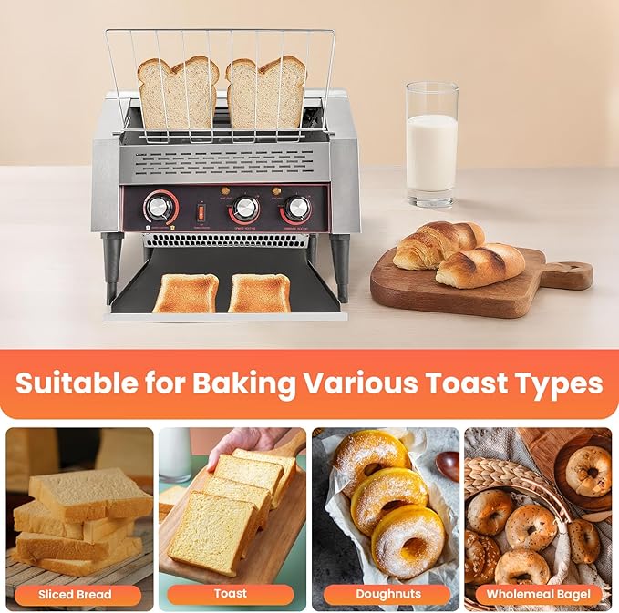 150/450 Slices/Hour Commercial Conveyor Toaster Stainless Steel Heavy Duty Industrial Bread Baking Machine w/ 3 Ring Heating Tubes for Baking Sliced Bread Toast (2600W(TT-450L))