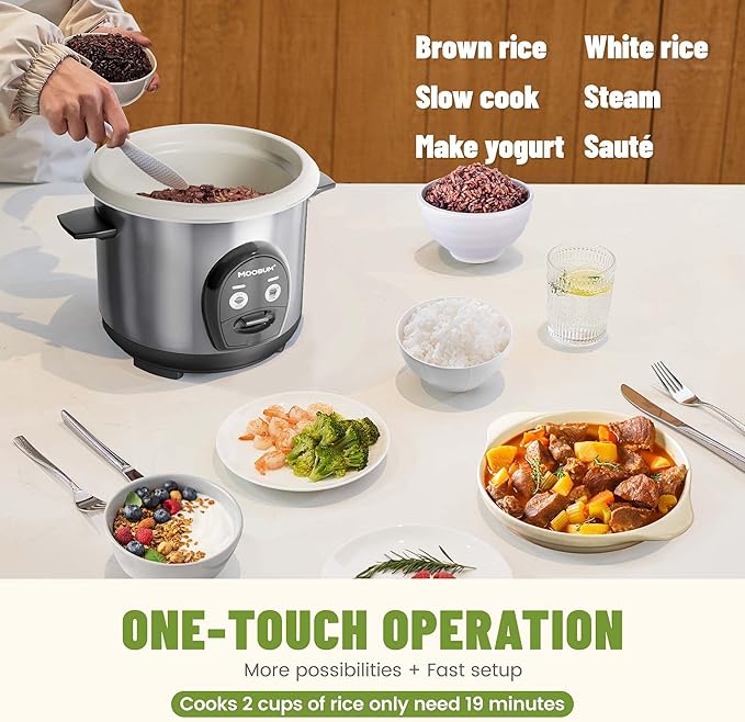 3-Cup Uncooked Rice Cooker Small - Ceramic Coating Non-Toxic Inner Pot One-Touch Multifunction for Rice/Sauté/Yogurt Dishwasher Safe 1-3 People Size Stainless Steel