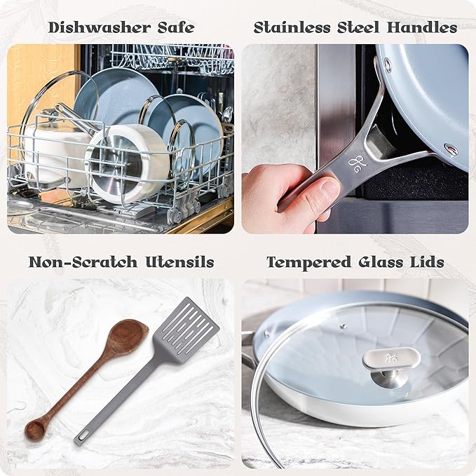 Premium Non-Toxic Ceramic Cookware Set – Triple-Layer Nonstick 12 Piece Pots and Pans with Lids PFAS-Free Oven Safe for Healthy Meals Space-Saving Design Birch White Color | Greater Goods