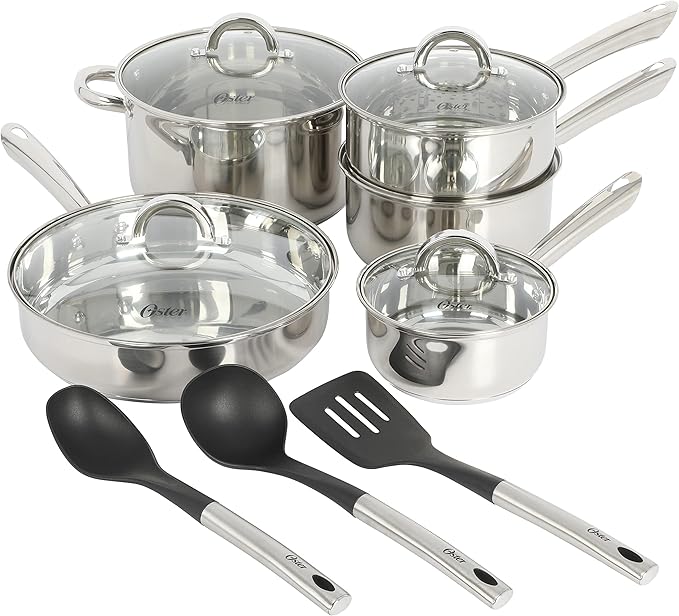 Oster Sangerfield 12-Piece Stainless Steel Cookware Set With Kitchen Tools Non-Stick Pots and Pans Durable Oven Safe Cookware for Home Cooking