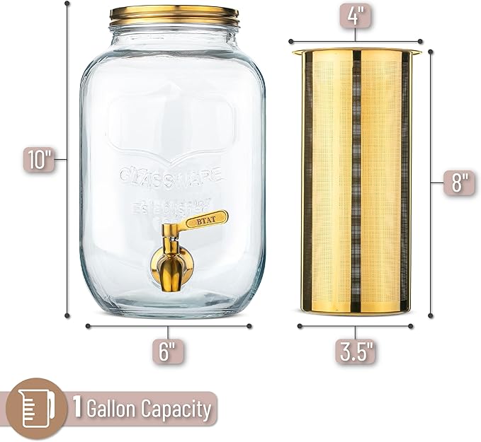 BTaT- 1 Gallon Cold Brew Coffee Maker Thick Glass Pitcher with Stainless Steel Filter Lid &amp Spigot Iced Coffee &amp Sun Tea Brewer Large Mason Jar Cold Brew Container Fast Iced Tea Maker for