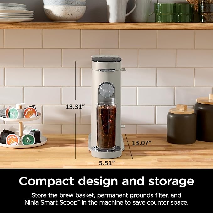 Ninja Pods &amp Grounds Single-Serve Coffee Maker K-Cup Pod Compatible Brews Grounds Compact Design 56-oz. Reservoir 6-oz. Cup to 24-oz. Travel Mug Brew Sizes Iced Coffee Maker Stone PB041ST