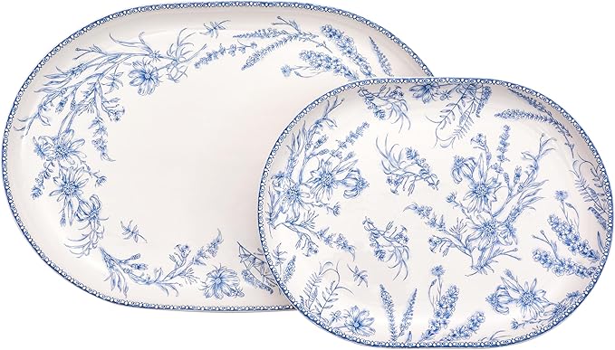 Bico Blue Garden Toile De Jouy 16 plus 12 inch Oval Platters Set Set of 2 Microwave and Dishwasher Safe for Serving Fish Chicken Turkey