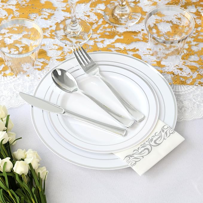 700 Piece Dinnerware Set for Wedding &amp Party100 Guest RimPlastic Plates100 Plastic Silverware100 Cups100 Linen Like Napkins (Rose Glod) lkj