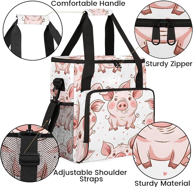 Cute Animal Pig Coffee Maker Carring Bag Large Insulated Storage Organizer Case Tote Bags with Shoulder Strap for Travel Work Picnic