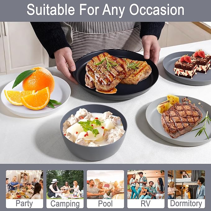 EI 12pcs Wheat Straw PlatesWheat Straw Dinnerware SetPlate and Bowls SetsPlastic Plates Reusable-WhiteBlackGreyDark GreyDinner Plate Set of 4 KitchenPicnic