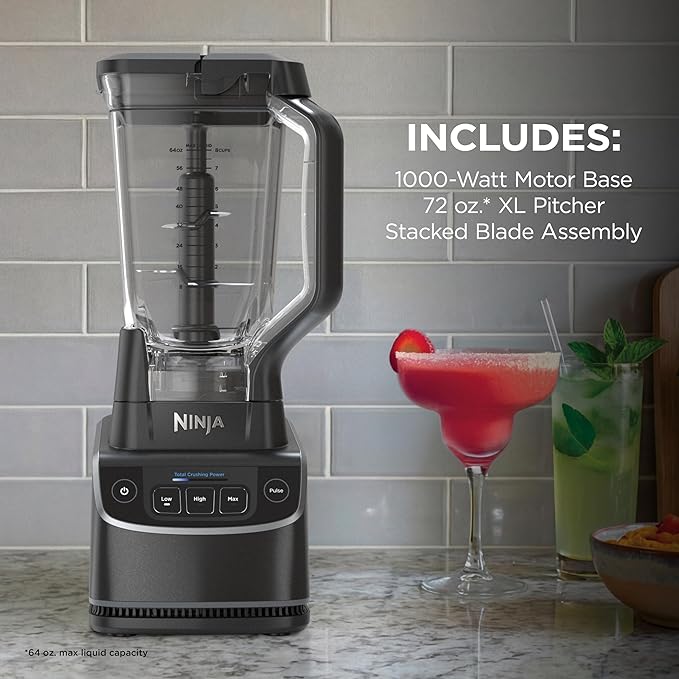 Ninja UltraCrush Professional Blender | 1000W XL 72-oz.* Pitcher | Total Crushing Technology | 3 Manual Speeds for Ice Crushing Smoothies Sauces &amp More | Full-Size Blender | Black | BP201