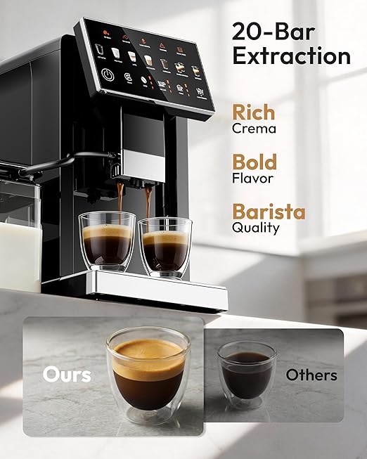 Automatic Espresso Machine 20 Bar Coffee Maker with Grinder Built in Milk Frother 15-Grind Settings Fully Automatic Espresso Machine with Touch Screen Auto Self-Cleaning for Cappuccino &amp Latte