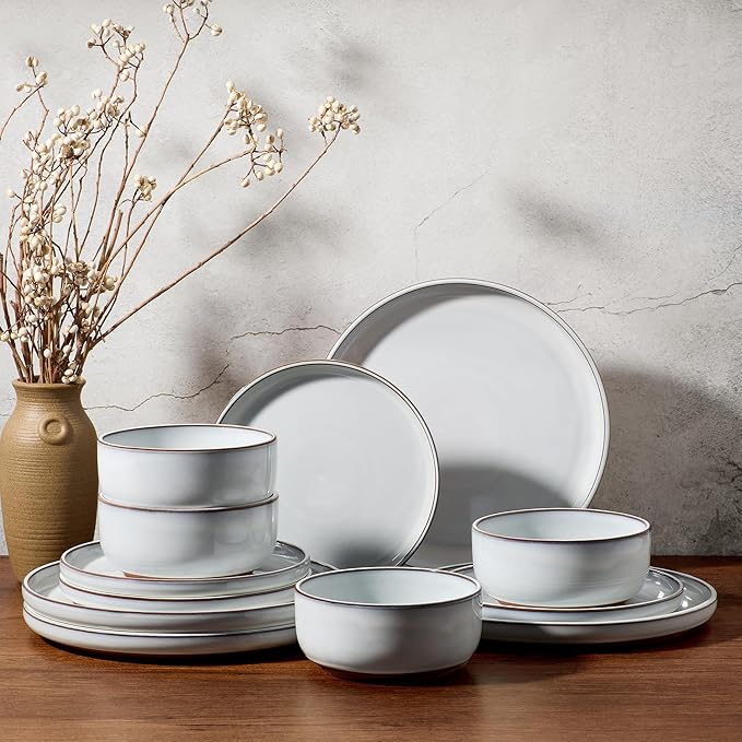 Vesteel 12-Piece Dinnerware Set Ceramic Plates and Bowls Set for 4 Reactive Glaze Tableware Set with Purple Clay Base for Home Chip &amp Scratch Resistant Stoneware Moonlight White