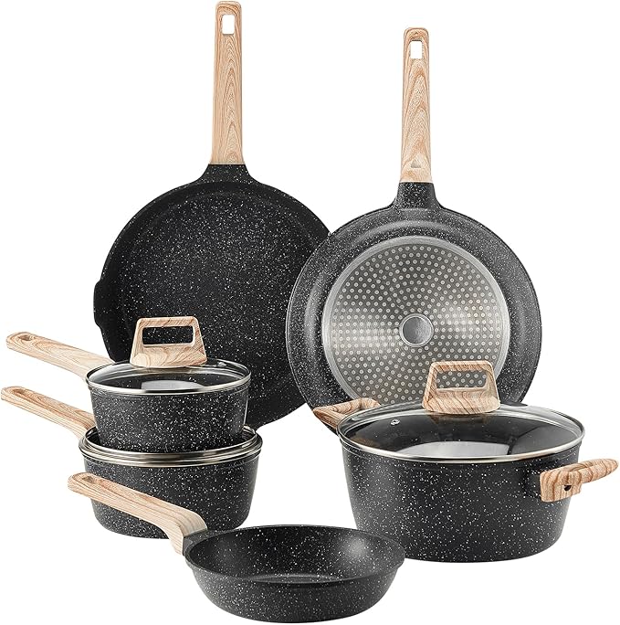 VEVOR 17 Piece Pots and Pans Set Nonstick Granite Cookware Set Induction Cookwares Kitchen RV Cooking Sets with Frying Sauce Saute Tempered Glass Lids and Pan Protectors Black