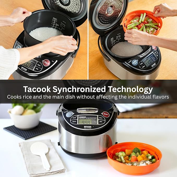 Tiger JAX-T18U-K 10-Cup (Uncooked) Micom Rice Cooker with Food Steamer &amp Slow Cooker Stainless Steel Black