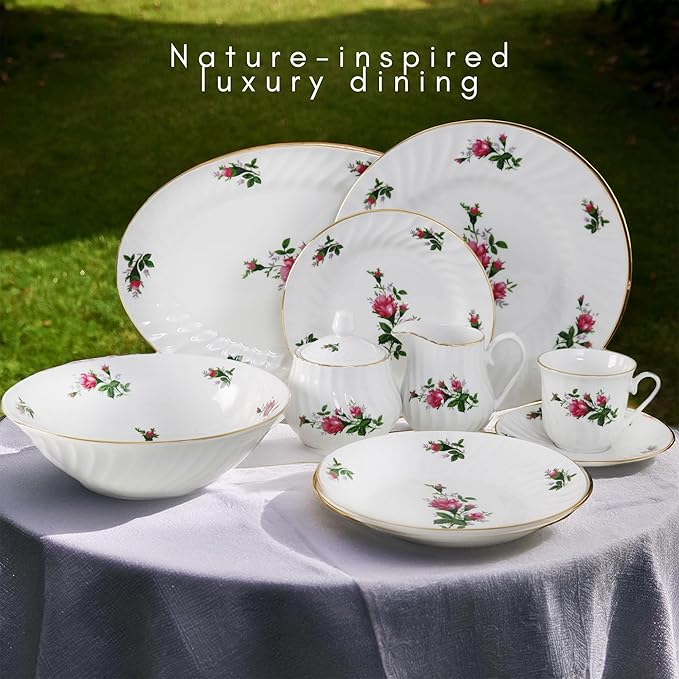 Lynns Paradise 45-Piece Vintage Rose Dinnerware Set 24K Gold Trim | Embossed Swirl Floral Plates &amp Bowls | Apartment Essentials | Home Kitchen Dinner Accessories