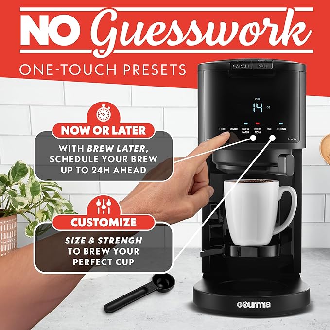 Gourmia 2-in-1 Single Serve and 12 Cup Coffee Maker - Drip Brew K-Cup Compatible Programmable Pause and Serve Removable Filter Thermal Carafe Black
