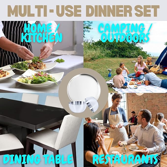 Stainless Steel Plates and Bowls Set 12 Pieces Steel Dinnerware set for 4 Metal Reusable Camping Dishes Kitchen Dinner Trays &amp 10 Oz Snack Bowls Dishwasher Safe (Heavy 6.5 Lbs)