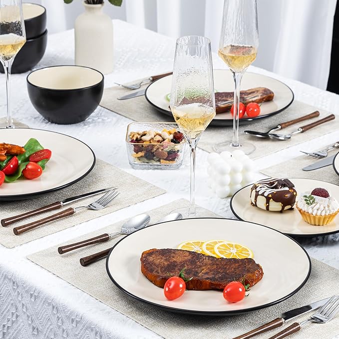 Plates and Bowls Sets for 4 - CJDC-QUELO 16-Piece Stoneware Dinnerware Sets Ceramic Dishware Set for Indoor Kitchen Use and Formal Dining Chip and Scratch Resistant Microwave Dishwasher Safe Ivory