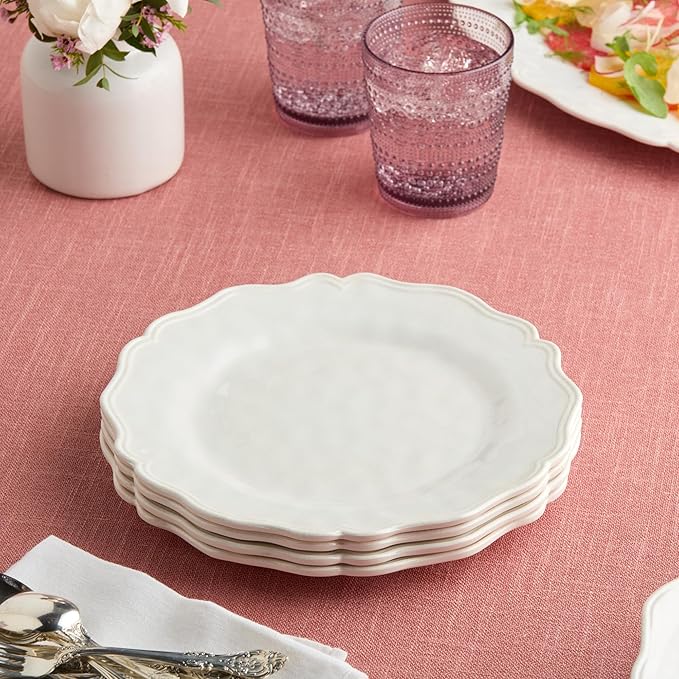 Isabella Cream 12-Piece Melamine Dinnerware Set for 4 – Crackle Glaze Plates &amp Bowls with Scalloped Edges Dishwasher Safe Durable Unbreakable Tableware for Indoor &amp Outdoor Dining