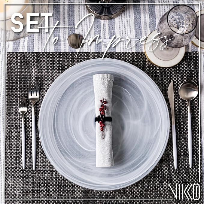 Vikko Charger Plates Set of 6 White Alabaster Dinner Plates 13 Plate with Marbelized Swirl Design Elegant Glass Charger Dishwasher Safe