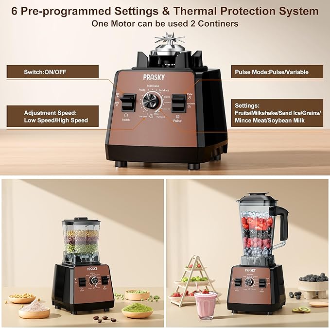 Blenders for Kitchen Smoothie Blender 2400W/1000W Prasky Blender &amp Grinder Combo 25000 RPM High Speed 68oz BPA-Free Food Processor Countertop Blender for Smoothies Shakes &amp Food (Brown