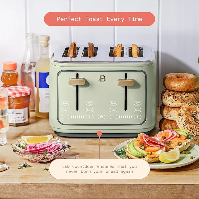 4 Slice Toaster with Touch Control Panel 1800W Fast Heating 7 Toast Shade Levels Extra Wide Slots for Bagels Removable Crumb Tray (Sage Green)