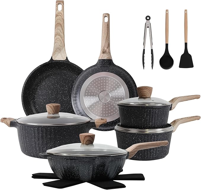 Pots and Pans Set Non Stick 17Pcs Kitchen Cookware Sets Granite Stone Induction Cookware Non Stick Cooking Set w/Frying Pans Saucepans Sauté Pan (PFOA Free) Black