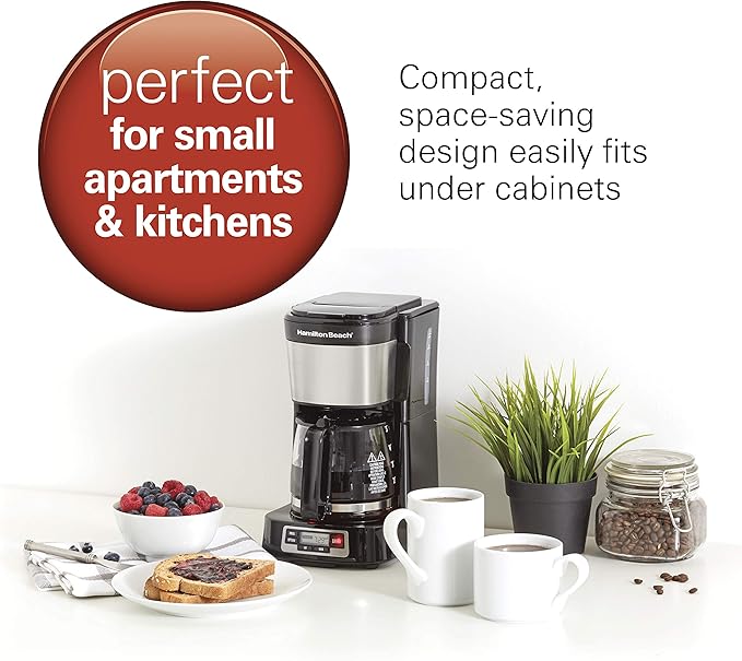 Hamilton Beach 5 Cup Drip Coffee Maker with Easy FrontFill Basket Compact Design Programmable Clock Glass Carafe Auto Pause and Pour Black &amp Stainless Steel (46111)