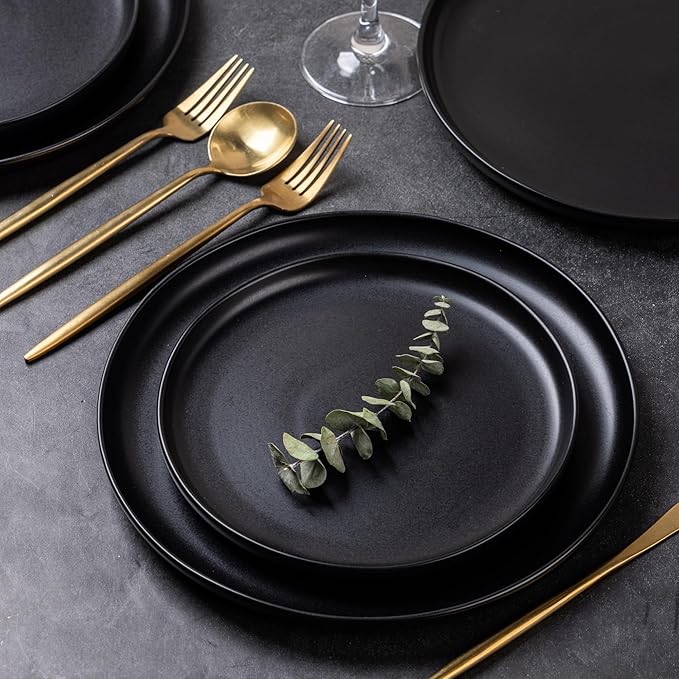 AmorArc Ceramic Dinnerware Sets Wavy Rim Stoneware Plates and Bowls SetsDishwasher &amp Microwave &amp Oven Safe Dishes set Service for 4 (12pc)-Matte Black