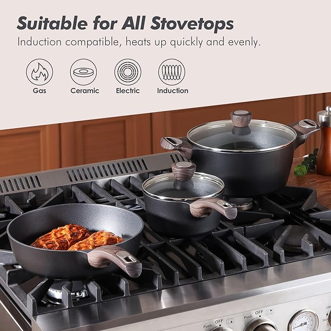SENSARTE Pots and Pans Set Non stick Non toxic Healthy Induction Cookware Sets 14 Pcs Non Stick Kitchen Cooking Set with Frying Pans Set &amp Saucepan PFOA PFOS APEO Free Black