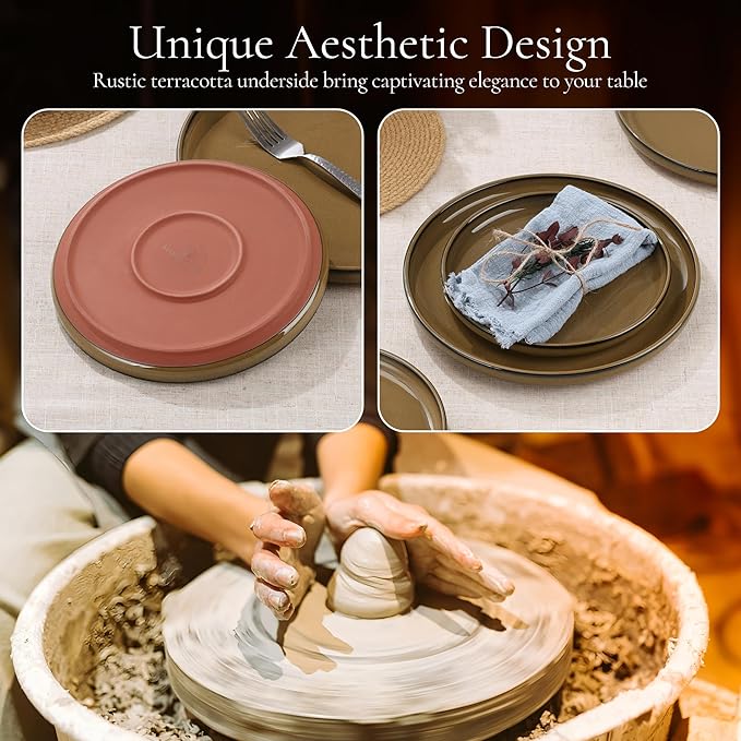 E-far Stoneware Dinnerware Sets for 8 24 Pieces Reactive Glaze Plates and Bowls Sets Elegant Dishes with Rustic Terracotta Clay Base Dishwasher &amp Microwave Safe Scratch Resistant Desert Camel