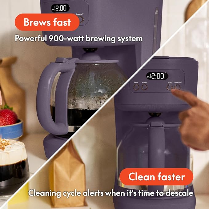 bella 12 Cup Programmable Coffee Marker Reusable Dishwasher Safe Accessories Easy LCD diaply Auto Shutoff 900 watt Plum