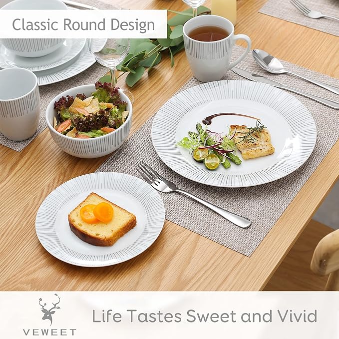 VEWEET Series Frame 16-Piece Dinner Set of Porcelain Combination Set with 10.75 Dinner Plate 7.5 Dessert Plate 5.5 Cereal Bowl and 380ml Mug Service for 4