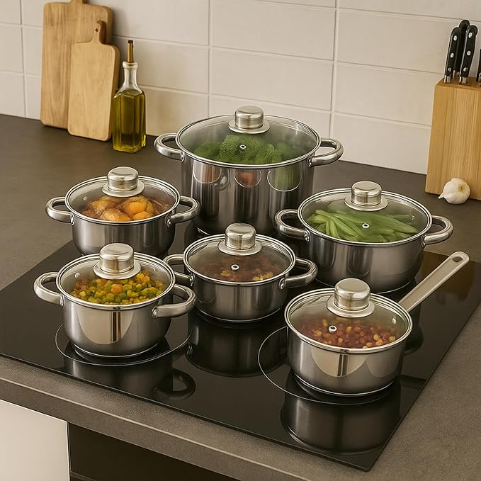 Well Home 12-Piece Stainless Steel Cookware Set + 3 Pans Diameter 16 x 20 x 24 cm Black Pressed Aluminium