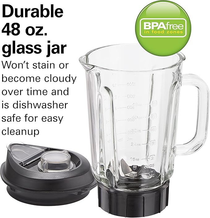 Hamilton Beach PowerMax Professional-Performance Blender for Shakes and Smoothies Puree and Ice Crush 48oz BPA-Free Glass Jar 1680 Peak Watts Stainless Steel Blades Gray (58600J)