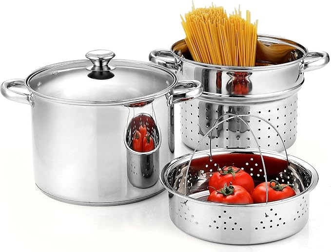 Cook N Home 4-Piece 8 Quart Multipots Stainless Steel Pasta Cooker Steamer and Cook N Home Kitchen Cookware Sets 12-Piece Basic Stainless Steel Pots and Pans Silver