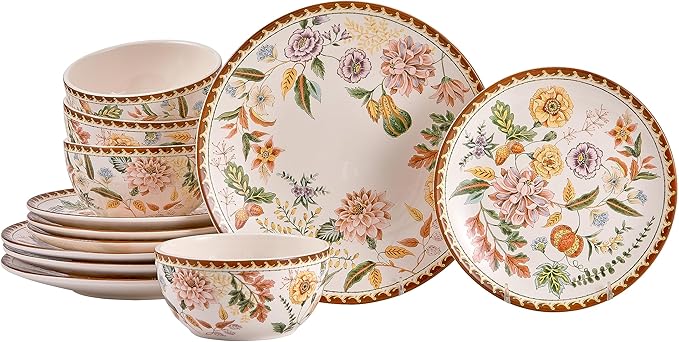 Bico Blooming Moment Ceramic 12 pcs Dinnerware Set Service for 4 Inclusive of 11 inch Dinner Plates 8.75 inch Salad Plates and 26oz Cereal Bowls for Party Microwave &amp Dishwasher Safe