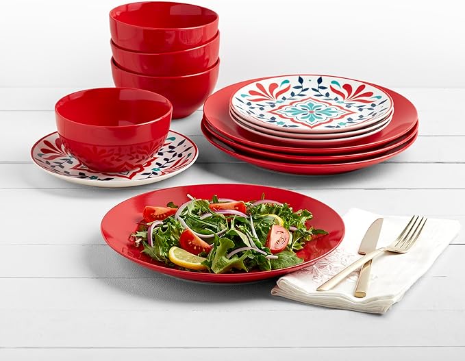 Tabletops Gallery 12-Piece Camila Patterned Ceramic Dinnerware Set of Kitchen Dishes Dinner Plates Cereal Bowls Service for 4 Red