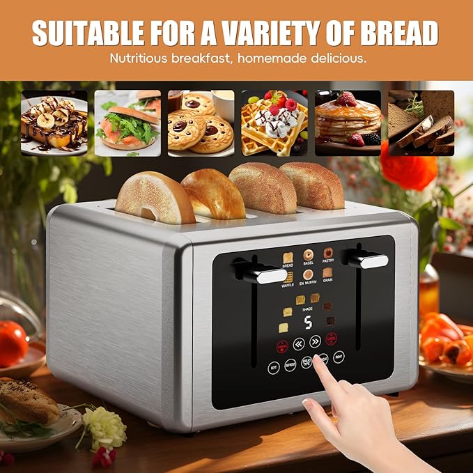 Touch screen Toaster 4 sliceSmart Digital Timer Toasters with Sound&ampScreen-Off Function 6 Bread Types &amp 6 Shade Settings 1.5''Extra Wide Slots Toast with Bagel DefrostStainless Steel