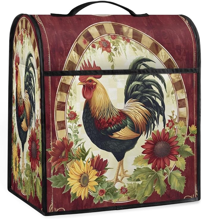 Kitchen Aid Mixer Cover Rooster Chicken Flower Vintage Stand Mixer Cover Compatible with 6-8 Quarts Stand Mixers Dust Covers with Zipper Pocket Foldable Washable Kitchen Aid Organizer Bag