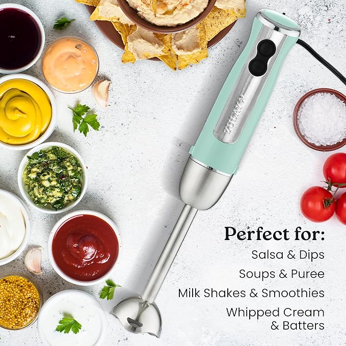 Zulay Immersion Stick Mixer Hand Blender - 800 Watts Turbo Mode 5-ft Power Electric Cord Handheld Portable Stainless Steel Blades - For Effortless Blending Smoothie Soup Baby Food Puree - Aqua