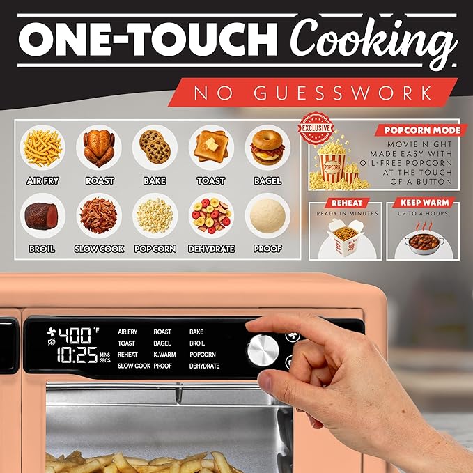 Gourmia French Door Air Fryer Oven - 37 Qt Large Capacity Convection Toaster Oven FryForce 360° Digital Display 12 Cooking Presets Dehydrate Fits 13” Pizza Dishwasher-Safe Peach