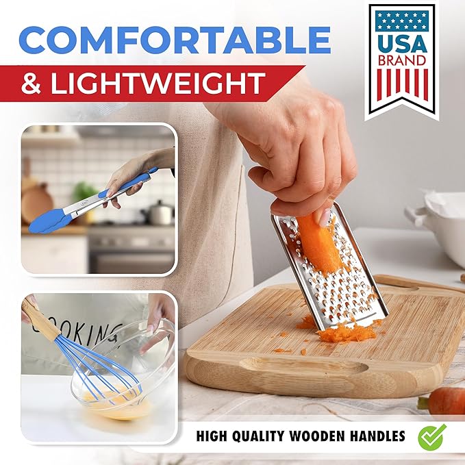 Kaluns 50 PCS Silicone Kitchen Utensils Set Complete Kitchen Set - 800°F Heat Resistant Non-Stick Premium Cooking Utensils W Wooden Handles - Can Opener Masher Turner Silicone Spatula Set