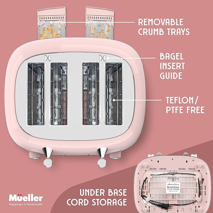 Mueller Retro Toaster 4 Slice with Extra Wide Slots Bagel Defrost and Cancel Function 6 Browning Levels Dual Independent Controls Removable Crumb Tray and High Lift Levers Pink