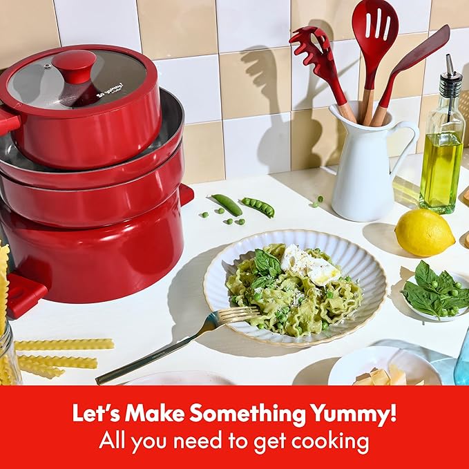 So Yummy by bella 12 Piece Cookware Set w EverGood™ Ceramic Nonstick Coating and Silicone &amp Wood Utensils Dishwasher Safe Silicone &amp Glass Lids Oven Safe &amp All Stovetop Compatible Red
